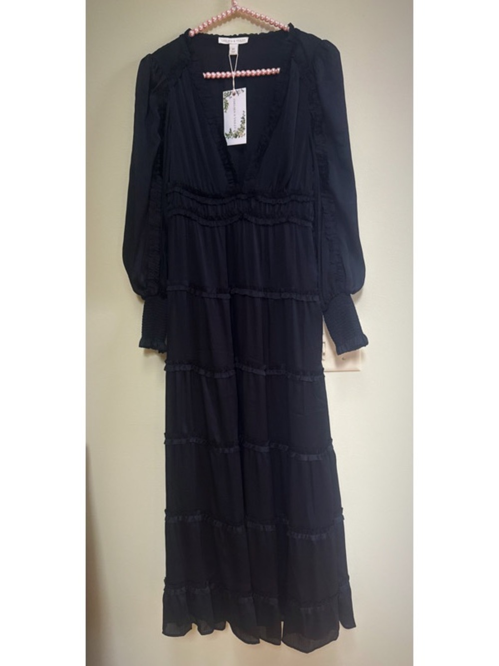 Plisse Satin Ruffle V-Neck Smocked Cuff Sleeve Tiered Maxi Dress - Picture 5 of 9
